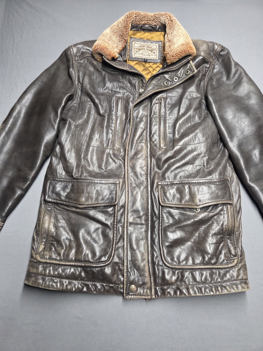 Vintage Sly & Co Leather Aviator Flight Jacket Genuine Shearling Collar Size S